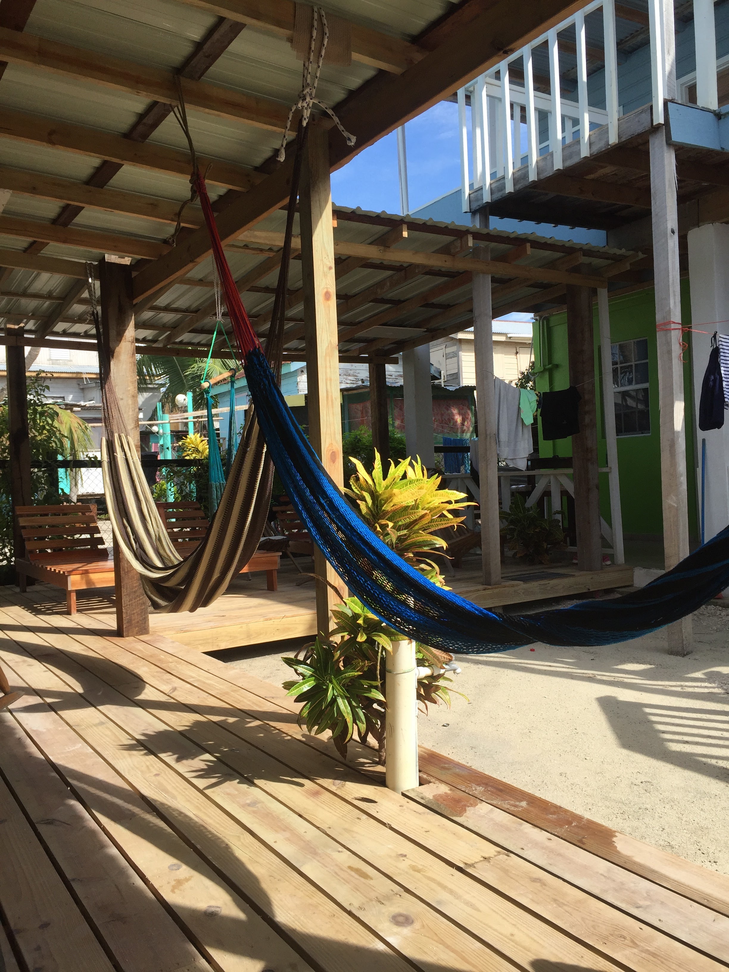 Hammocks at my hostel in Caye Caulker, Belize on a sunny day.
